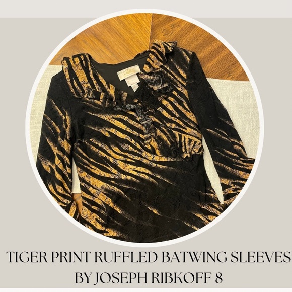 TIGER PRINT RUFFLED BATWING SLEEVES 
BY JOSEPH RIBKOFF 8 - Picture 1 of 4